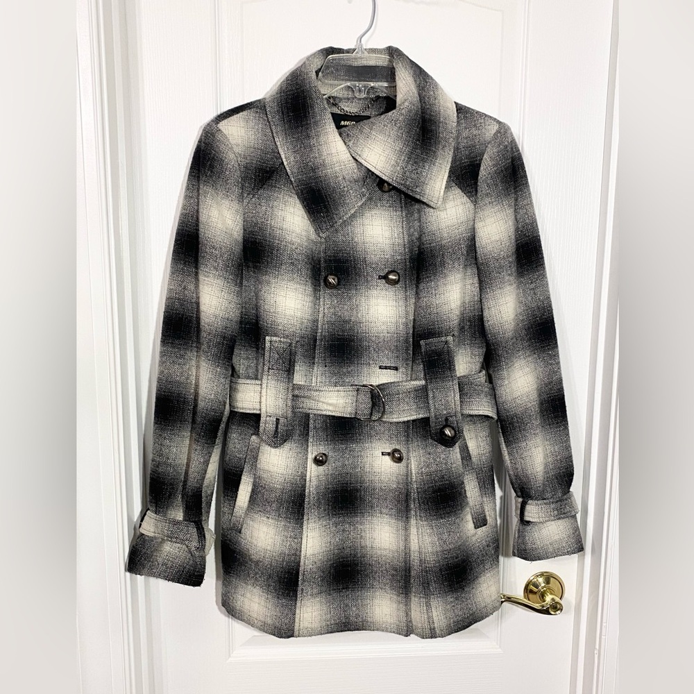 Y2K Miss Sixty Plaid Wool Pleated Belted Coat Vintage Black White Large